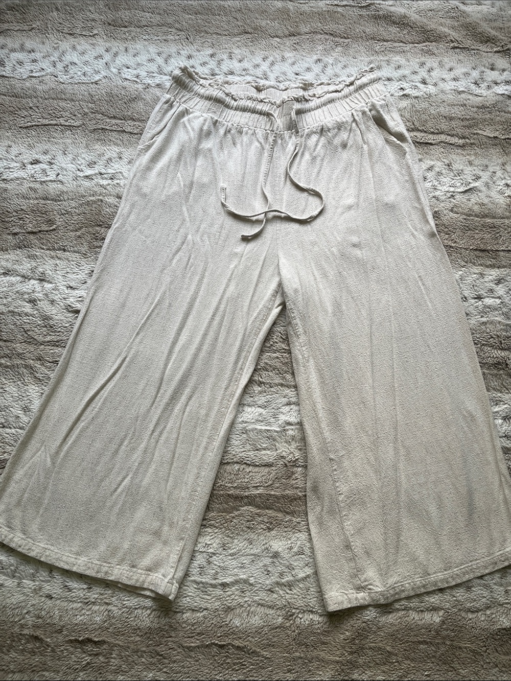 Cream Linen Blend Elastic Waistband Wide-Leg Pants
